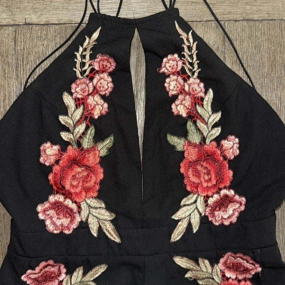 Luxxel Floral Embroidered Black Jumpsuit